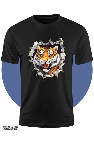 StoryGift Romania Children's T-shirt with an aggressive tiger sticking its head out of a wall, illustration, angry, its
