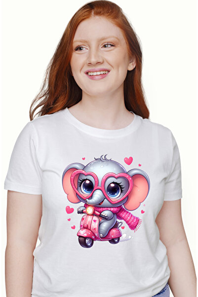 StoryGift Romania Tricou Femei Cu Un Elefant Care Se Plimba Cu Scuterul, Ilustratie, Inimioare, Fu Wht_m
