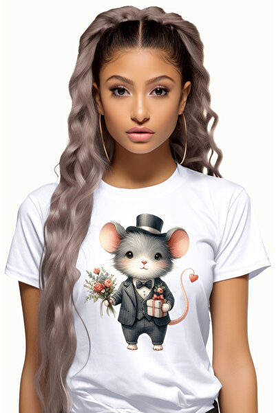 StoryGift Romania Tricou Femei Cu Un Soarece, La Costum, Palarie, Buchet Cu F...