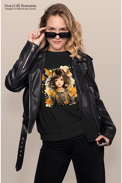 StoryGift Romania Women's T-shirt with a cute little girl, illustration, black hair, orange butterflies, BLK_L, STG57598