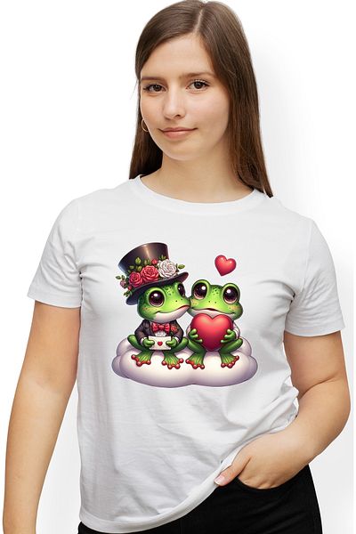StoryGift Romania Tricou Femei Cu 2 Broaste, Ilustratie, Stau Pe Un Norisor, Palarie, Flori, Scris Wht_m