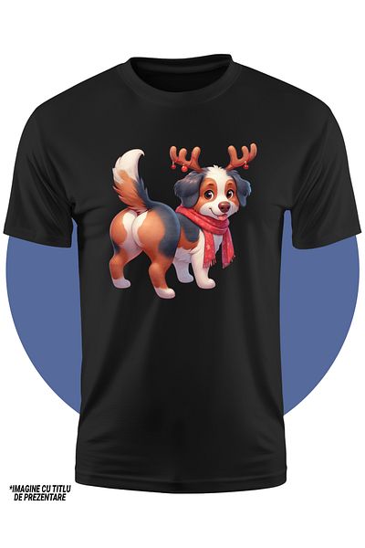 StoryGift Romania Tricou Copii Cu Un Catel Vesel Care Poarta Coarne De Ren, Ilustratie, Fular, Iarna, Frig,