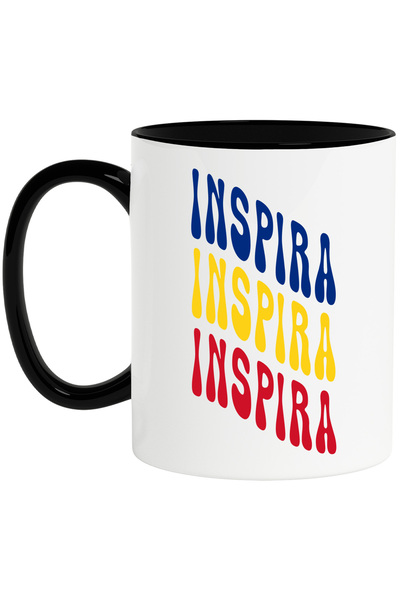 StoryGift Romania Cana Cuvantul Inspira, In Culorile Steagului Romaniei, Rosu, Galben, Albastru, T, Cu Maner Negru Stg