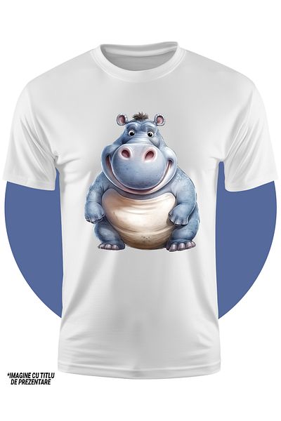 StoryGift Romania Tricou Copii Cu Un Hipopotam Gras, Ilustratie, A Mancat Prea Mult, Obez, Fericit, Se Simte