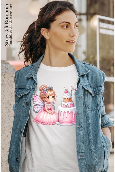 StoryGift Romania Tricou Femei Cu O Fetita Cu Aripi De Fluture, Ilustratie, Ca O Zana, Tort, Celeb Wht_l