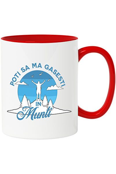 StoryGift Romania Cana Poti Sa Ma Gasesti In Munti, Aventura Camping Natura, 330ml, Ceramic Cu Man, Cu Maner Rosu Stg