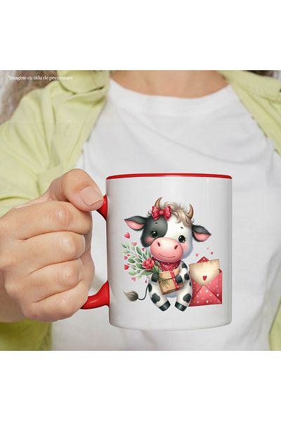 StoryGift Romania Mug with a blushing cow holding a package in her arms | illustration | letter, With ,STG