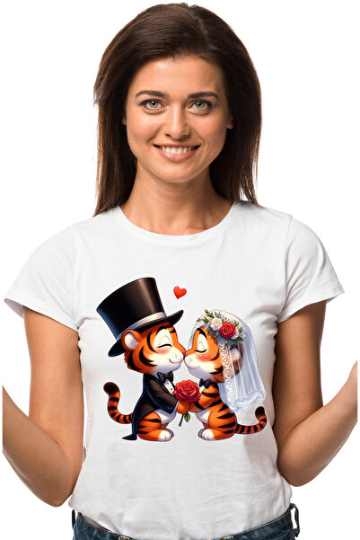 StoryGift Romania Tricou Femei Cu O Femela Tigru Si Un Tigru La Nunta, Ilustr...