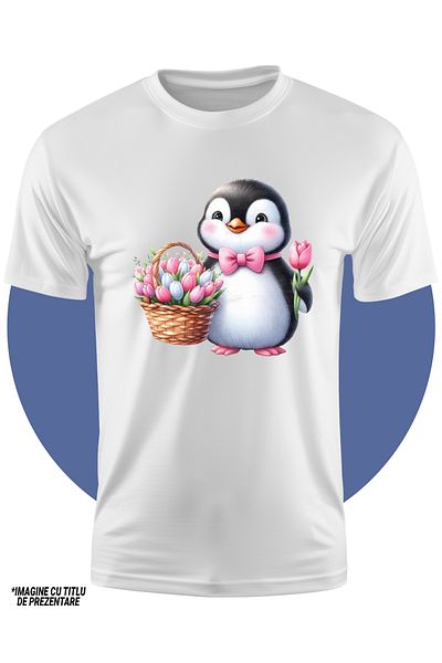 StoryGift Romania Tricou Copii Cu Un Pinguin Vesel Care Tine Un Cosulet Cu Lalele, Ilustratie, Imbujorat, Ca