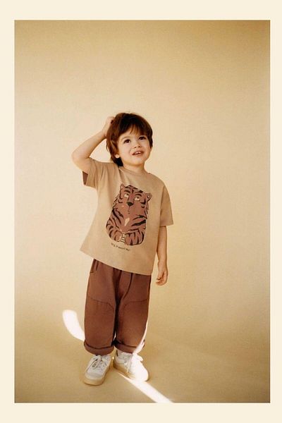 Magu Boys' Cotton Beige Tiger Printed T-Shirt and Brown Trousers Set