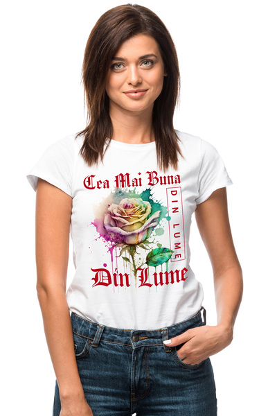 StoryGift Romania Women's T-Shirt With Text The Best In The World, In The World, Flower, Rose Color WHT_L