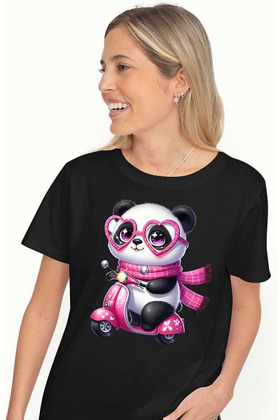 StoryGift Romania Tricou Femei Cu O Ursoaica Panda Care Conduce Un Scuter, Plimbare, Viteza, Fular Blk_l