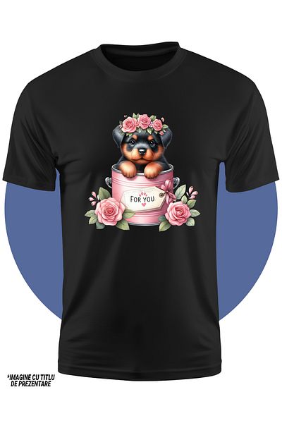 StoryGift Romania Tricou Copii Cu Un Catelus Rottweiler Care Iese Dintr-o Conserva, Ilustratie, Mesajul "for