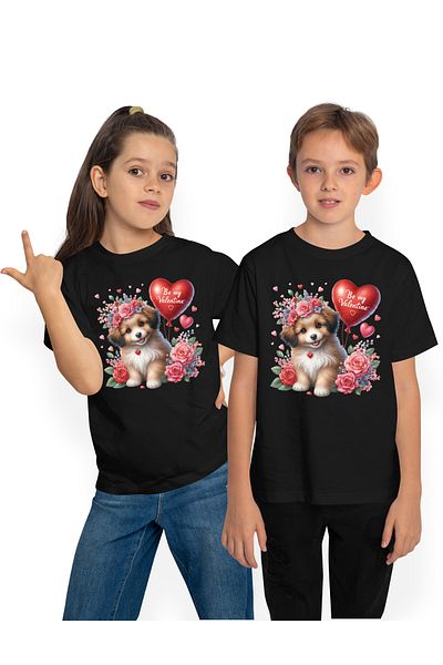StoryGift Romania Tricou Copii Cu Un Catelus Fericit, Jucaus, Grija, Ilustratie, Flori, Plante, Balon In For