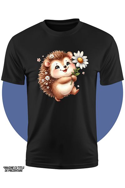 StoryGift Romania Tricou Copii Cu Un Arici Fericit Care Tine O Floare Alba, Ilustratie, Floricele, Natura, V