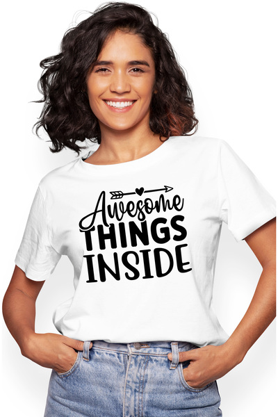 StoryGift Romania Tricou Femei Cu Inimioara Si Mesajul In Engleza "awesome Things Inside" - Lucrur Wht_m