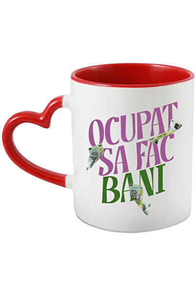 StoryGift Romania Cana Cu Bancnota 500 Lei In Zbor Text Sunt Ocupat Sa Fac Bani, Romania, Ceramica, Cu Maner Negru Stg
