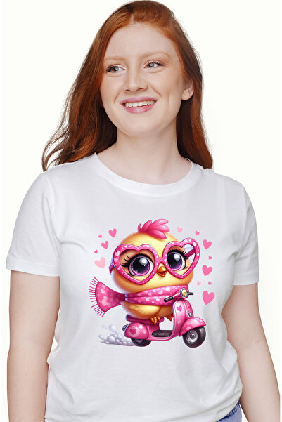 StoryGift Romania Tricou Femei Cu Un Puisor De Gaina, Galben, Fular Roz, Inim...