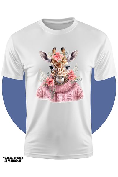 StoryGift Romania Tricou Copii Cu O Girafa Imbracata Gros, Lana, Floricele, Roz, Frig, Iarna, Ger Cumplit, P