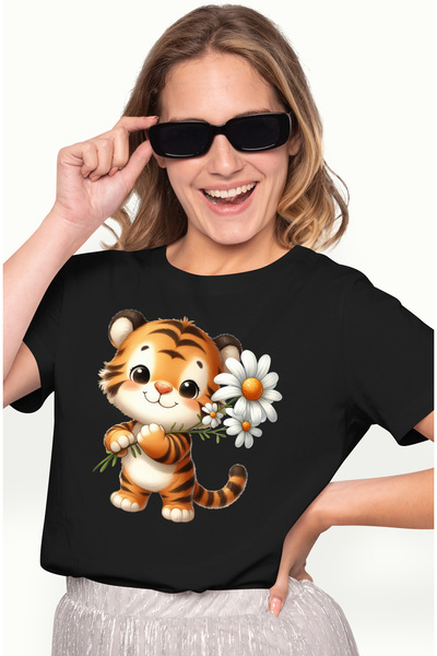 StoryGift Romania Tricou Femei Cu Un Pui De Tigru Care Tine Niste Flori Albe,...