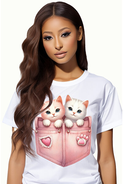 StoryGift Romania Tricou Femei Cu 2 Pisicute Care Stau In Buzunare, Ilustrati...