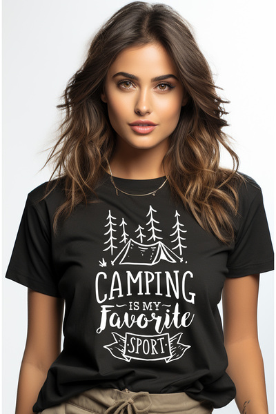 StoryGift Romania Tricou Femei Cu Un Cort In Padure Si Textul "camping Is My Favorite Sport" Pentr Blk_l
