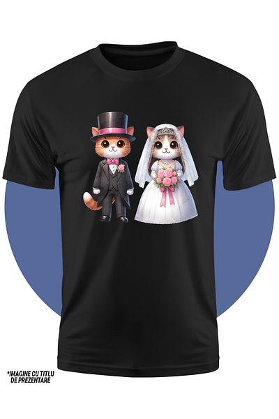 StoryGift Romania Tricou Copii Cu O Pisica Si Un Motan La Nunta, Ilustratie, Rochie De Mireasa, Costum Negru