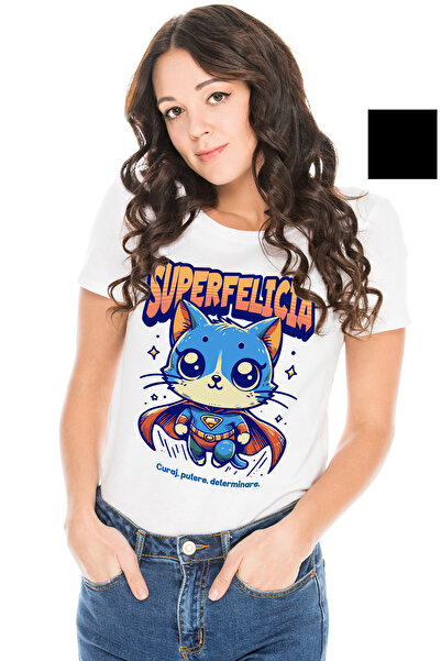 StoryGift Romania Tricou Femei Super Felicia, Supererou, Pisica Zburand, Cu I...