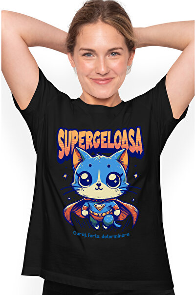 StoryGift Romania Tricou Femei Super Geloasa, Supererou, Pisica Zburand, Cu Imprimeu Pe Fata, 100 Blk_m