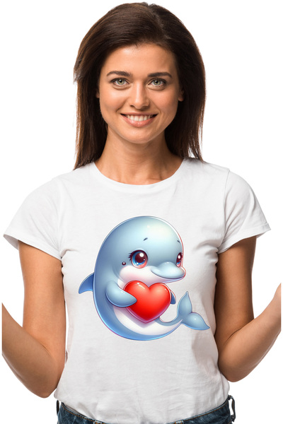 StoryGift Romania Tricou Femei Cu Un Delfin Care Tine O Inima In Brate, Ilustratie, Apreciere, Res Wht_l