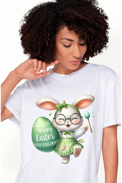 StoryGift Romania Tricou Femei Cu O Iepuroaica In Rochita, Ilustratie, Funda, Verde, Paste Fericit Wht_l