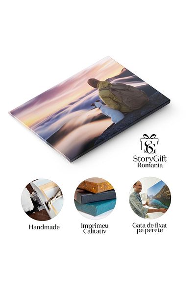 StoryGift Romania Tablou Canvas Om Singur Asezandu-se Pe Marginea Stancii, Munte, Caine, Munti, Baiat, Peisaj, Ca