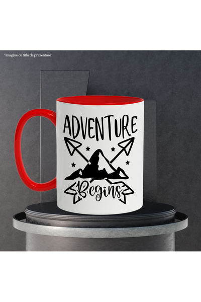 StoryGift Romania Mug with mountains and arrows with the message in English "Adventure begins" - aventura ince, Cu,STG