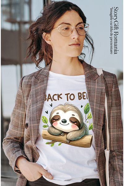 StoryGift Romania Women's T-shirt with sloth/lazy animal with the message "Back to bed", illustration, fun WHT_XS,STG6622