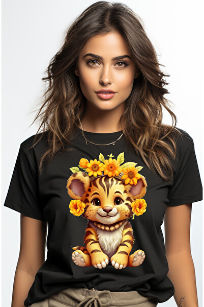 StoryGift Romania Tricou Femei Cu Un Pui De Tigru Vesel, Flori Pe Crestet, Fl...