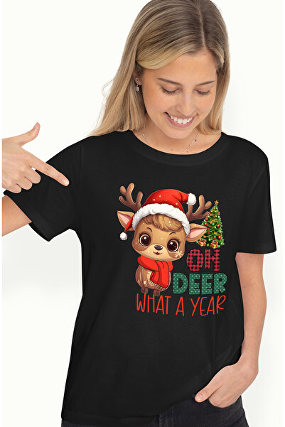 StoryGift Romania Tricou Femei Cu Un Ren Micut Cu Mesajul "oh, Deer, What A Year", Craciun Fericit Blk_m