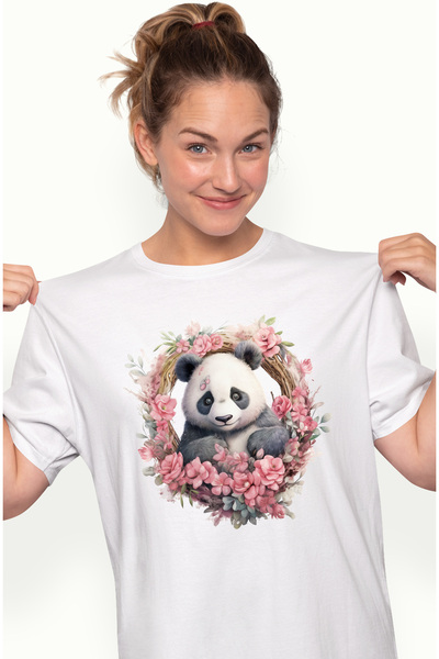 StoryGift Romania Tricou Femei Cu Un Urs Panda, Ilustratie, Coroana Din Flori...