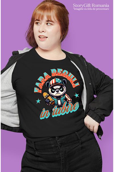 StoryGift Romania Tricou Femei Urs Panda Skater Suparat Fara Reguli In Iubire Cu Imprimeu Pe Fata, Blk_l