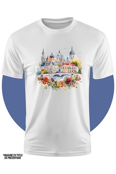 StoryGift Romania Tricou Copii Cu Un Peisaj Dintr-un Oras, Ilustratie, Flori, Atmosfera Urbana, Cladiri Inal
