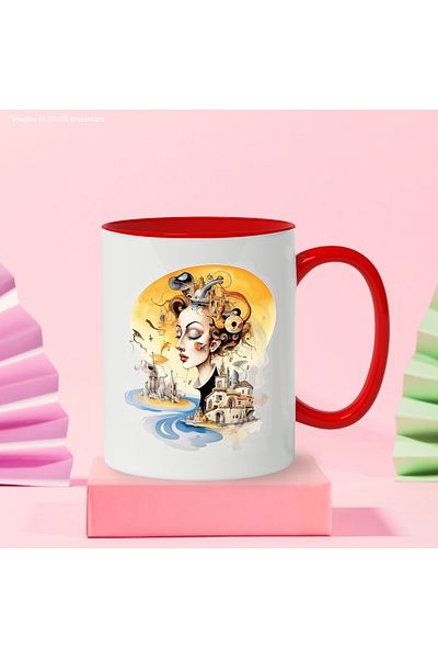 StoryGift Romania Mug With Woman, Castle, Sun, Water, Island, Houses, Beach, Abstract, Multicolor 33, With ,STG.