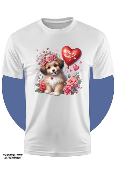 StoryGift Romania Tricou Copii Cu Un Catelus Fericit, Jucaus, Grija, Ilustratie, Flori, Plante, Balon In For