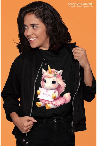 StoryGift Romania Tricou Femei Cu Un Unicorn Care Tine O Foaie Cu Mesajul "i Love You", Ilustratie Blk_l