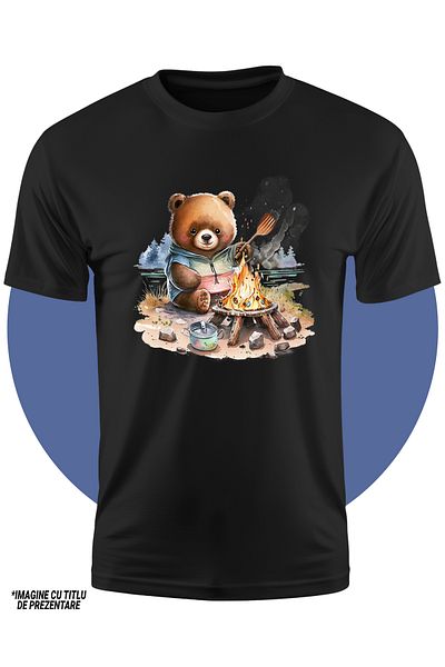 StoryGift Romania Tricou Copii Cu Un Ursulet Care Se Pregateste Sa Gateasca Ceva, Ilustratie, Foc, Lemne, Pa