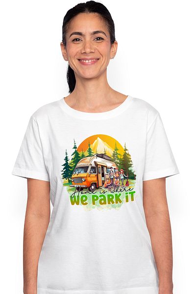 StoryGift Romania Tricou Femei Cu Mesajul "home Is Where We Park It", Calatorie, Ilustratie, Natur Wht_m