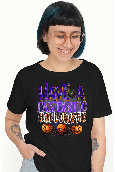 StoryGift Romania Tricou Femei Cu Mesajul "have A Fantastic Halloween", Ilustratie, Sa Aveti Un Ha Blk_l