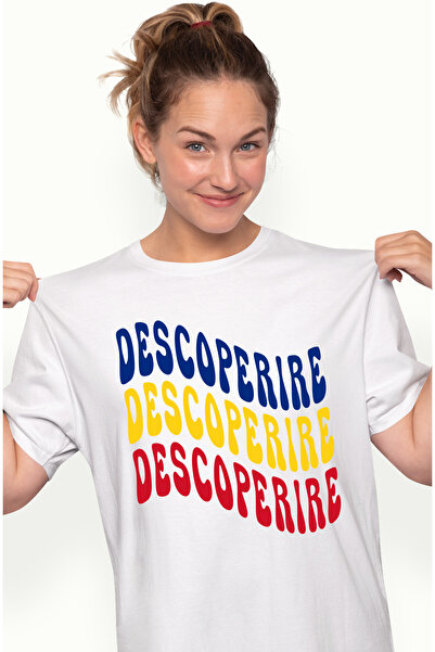 StoryGift Romania Tricou Femei Cuvantul Descoperire, In Culorile Steagului Romaniei, Rosu, Galben, Wht_l