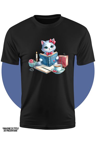 StoryGift Romania Tricou Copii Cu O Pisicuta Care Tine O Carte Deschisa, Ilustratie, Valentine's Day, Lectur