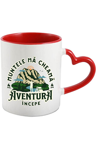 StoryGift Romania Cana Cu Munte Inalt Silueta Barbat Cu Cortul Text Muntele Ma Cheama Aventura Inc, Cu Maner Inim Stg