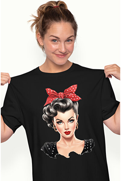 StoryGift Romania Tricou Femei Cu O Femeie Frumoasa Bruneta Cu Par Scurt, Ilustratie, Stil Retro, Blk_l