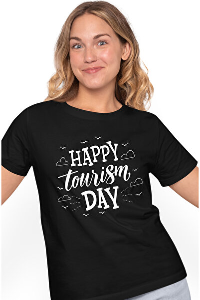 StoryGift Romania Tricou Femei Cu Urarea In Engleza "happy Tourism Day" - Zi De Turism Fericita C Blk_l